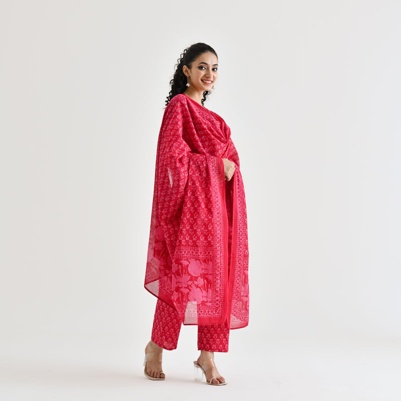 Pink Lotus Printed Cotton Kurta Pant Dupatta Set with Lace & Embroidery Details