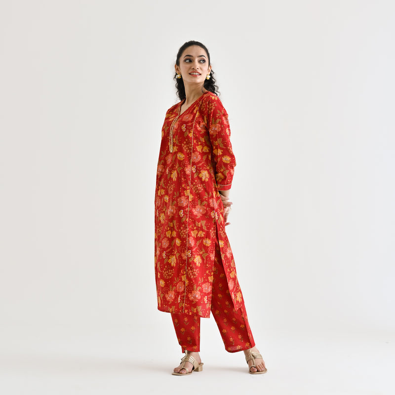 Red Floral Printed Cotton Kurta with Sequin Embroidered Neckline