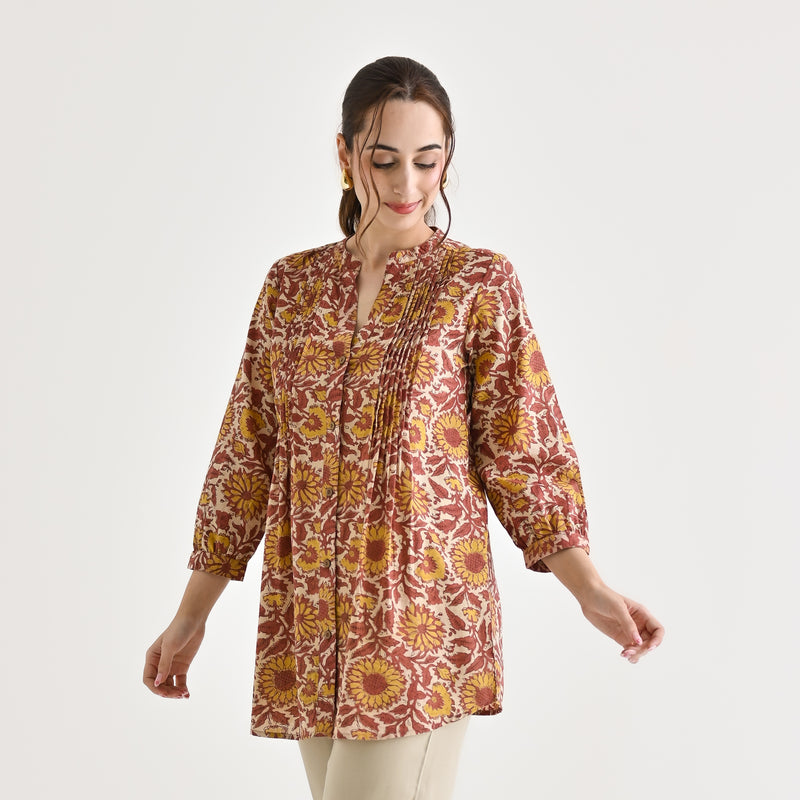 Beige Sanganeri Printed Cotton Tunic with Pintuck Detail