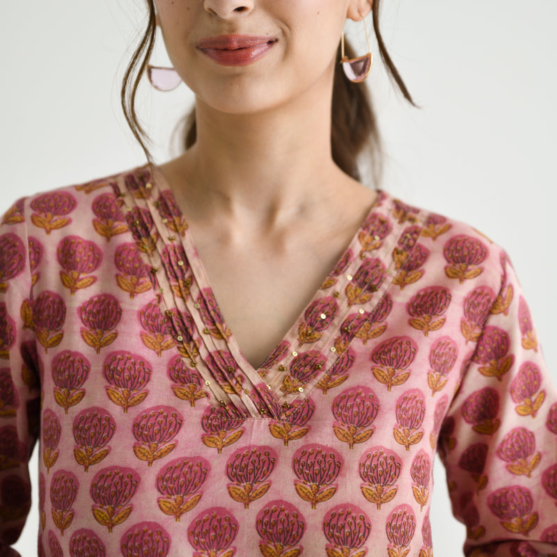 Pink Sanganeri Inspired Floral Cotton Tunic with Pintuck Neckline