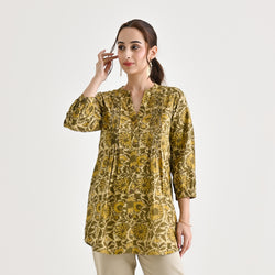 Olive Sanganeri Printed Cotton Tunic with Pintuck Detail