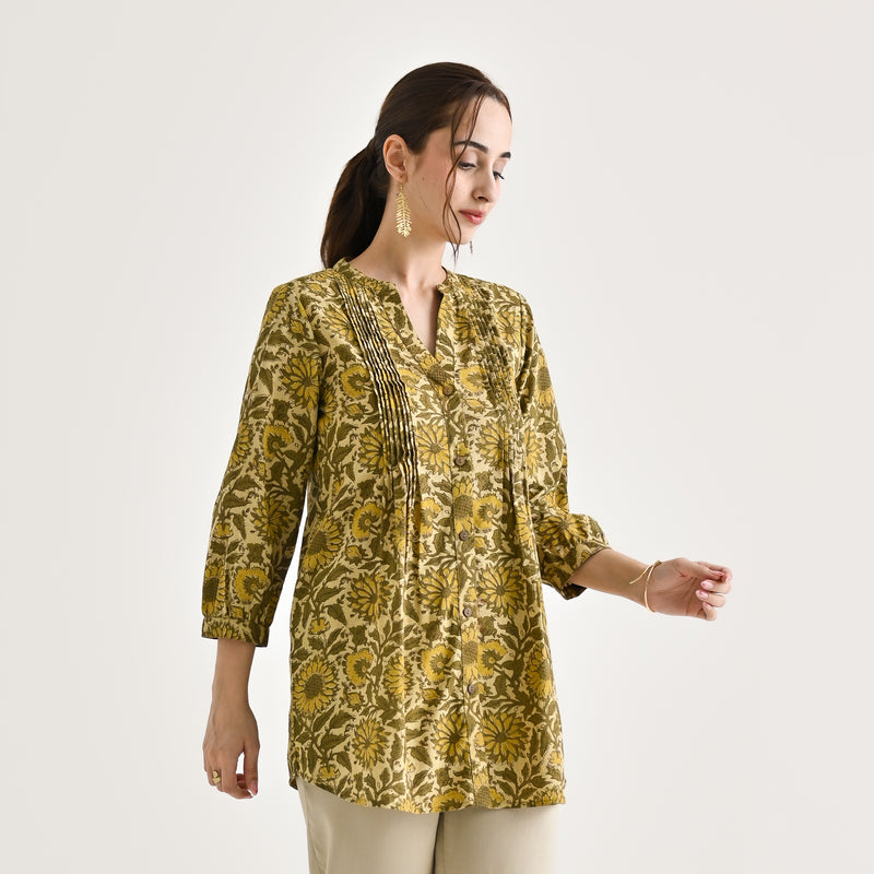 Olive Sanganeri Printed Cotton Tunic with Pintuck Detail