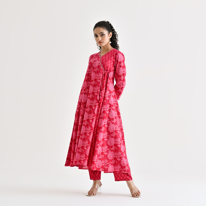 Red Floral Angarakha Cotton Co-ord Set with Embroidered Neckline