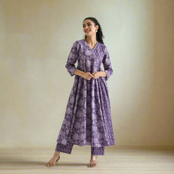 Lavender Floral Angarakha Cotton Co-ord Set with Embroidered Neckline