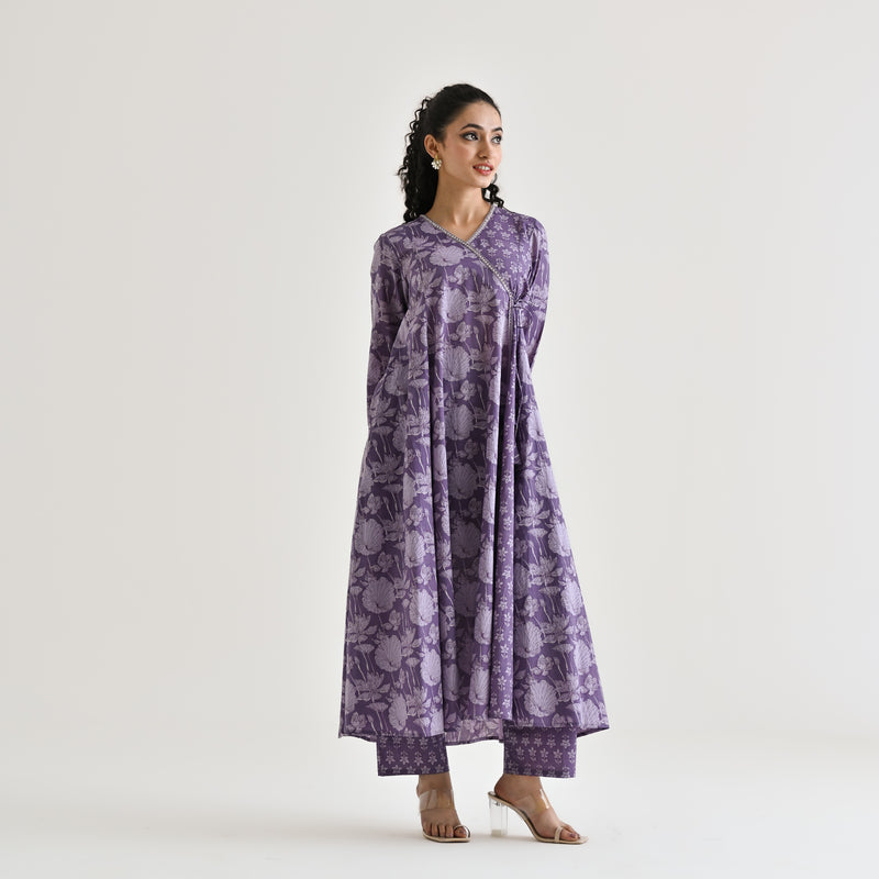 Lavender Floral Angarakha Cotton Co-ord Set with Embroidered Neckline