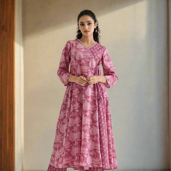 Dusty Pink Floral Angarakha Cotton Kurta with Embroidered Neckline