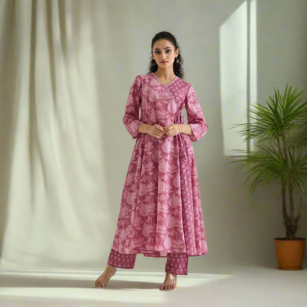 Dusty Pink Floral Angarakha Cotton Co-ord Set with Embroidered Neckline