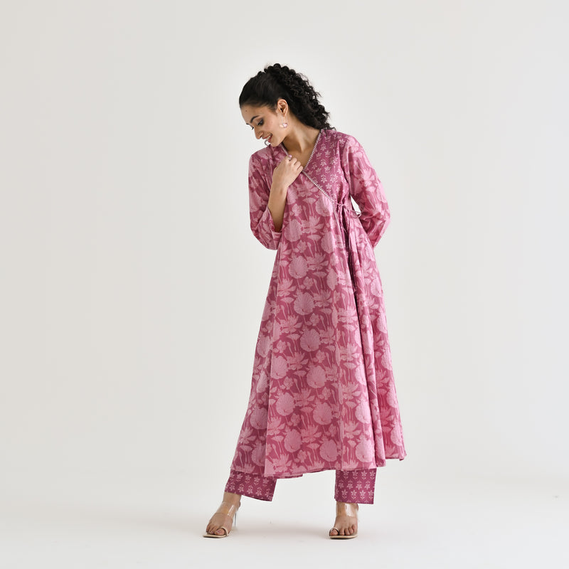 Dusty Pink Floral Angarakha Cotton Kurta with Embroidered Neckline