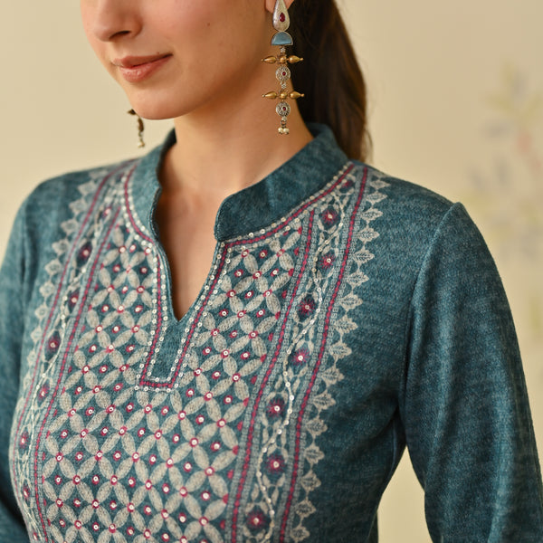 Teal Embroidered & Monotone Woollen Kurta Pant Set