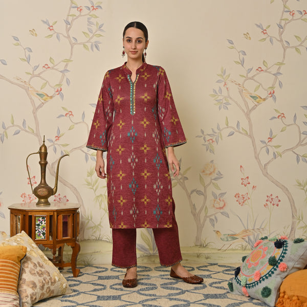 Maroon Embroidered & Ikat Printed Woollen Kurta Pant Set