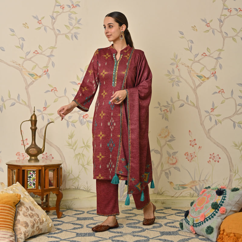 Maroon Embroidered & Ikat Printed Woollen Kurta Pant Set with Dupatta