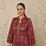 Maroon Embroidered & Ikat Printed Woollen Kurta Pant Set with Dupatta