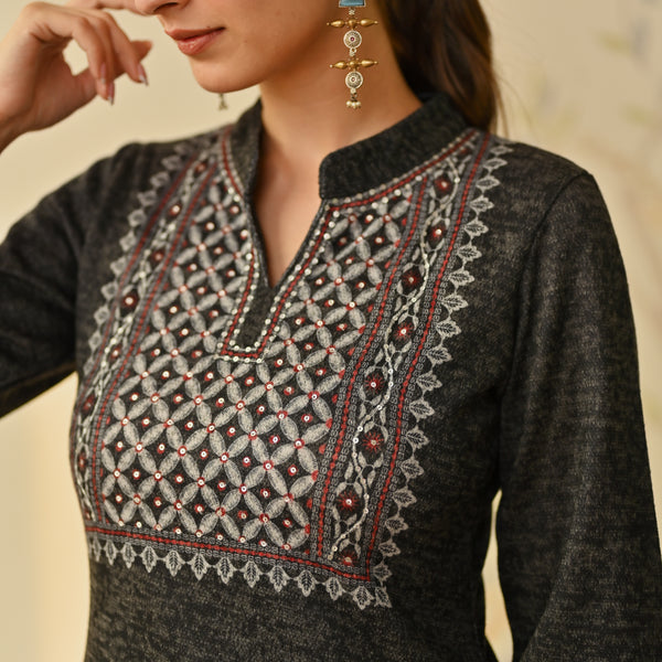 Black Embroidered & Monotone Woollen Kurta Pant Set