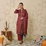 Maroon Embroidered & Ikat Printed Woollen Kurta Pant Set with Dupatta