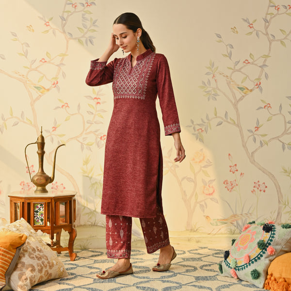 Maroon Embroidered & Monotone Woollen Kurta Pant Set