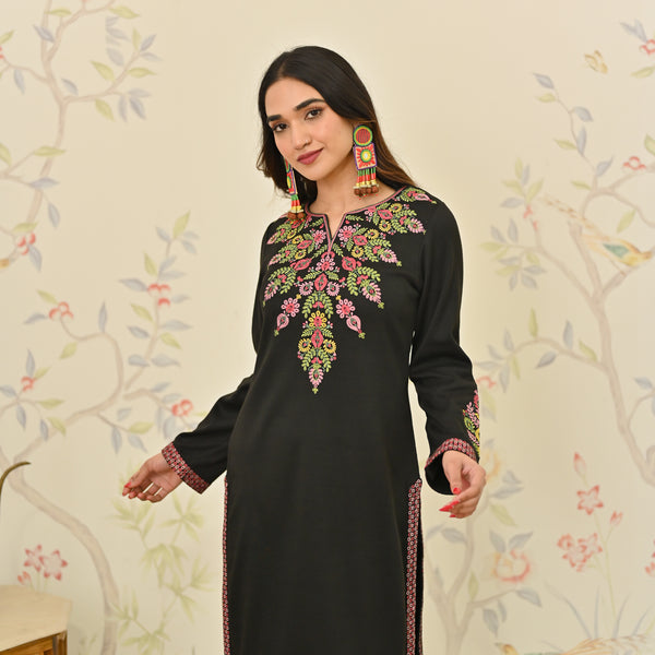 Black Woollen Aari Embroidered Floral Kurta Pant Set