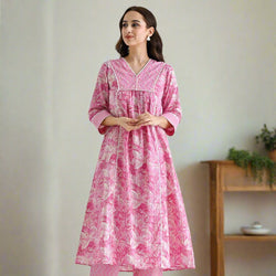 Baby Pink Sanganeri Cotton Kurta with Embroidery & Lace Details