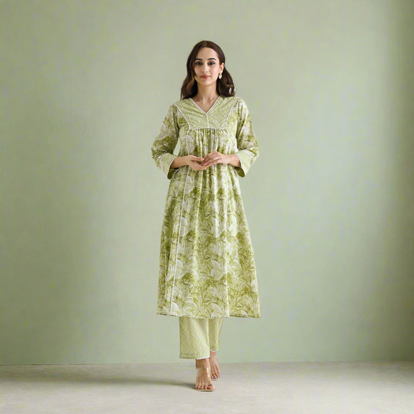 Lime Green Sanganeri Cotton Co-ord Set with Embroidery & Lace Details