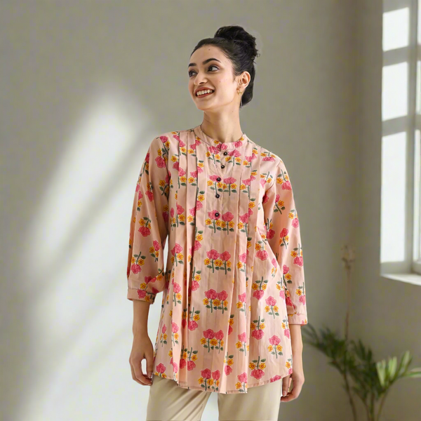 Baby Pink Floral Printed Cotton Tunic with Pintuck & Button Details