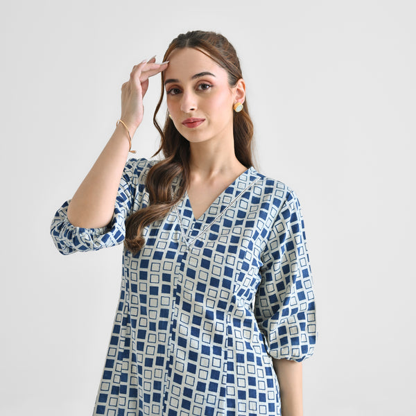 Indigo Contemporary Akola Dabu Printed Cotton Dress with V Neckline & Lace Detail