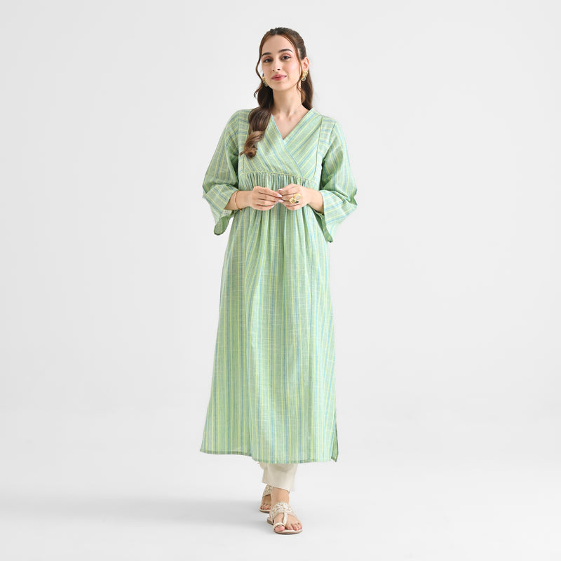 Lime Green Woven Stripe Cotton Kurta With Overlap Neckline & Piping Detail