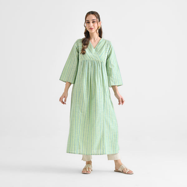 Lime Green Woven Stripe Cotton Kurta With Overlap Neckline & Piping Detail