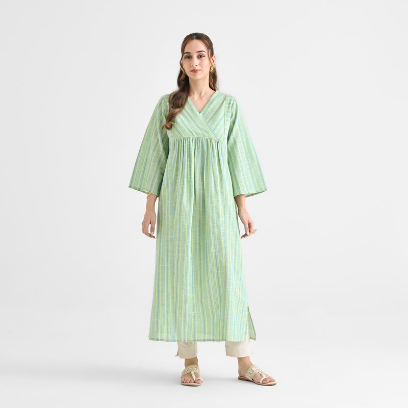 Lime Green Woven Stripe Cotton Kurta With Overlap Neckline & Piping Detail