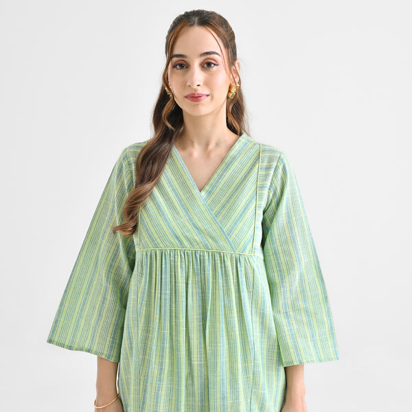 Lime Green Woven Stripe Cotton Kurta With Overlap Neckline & Piping Detail