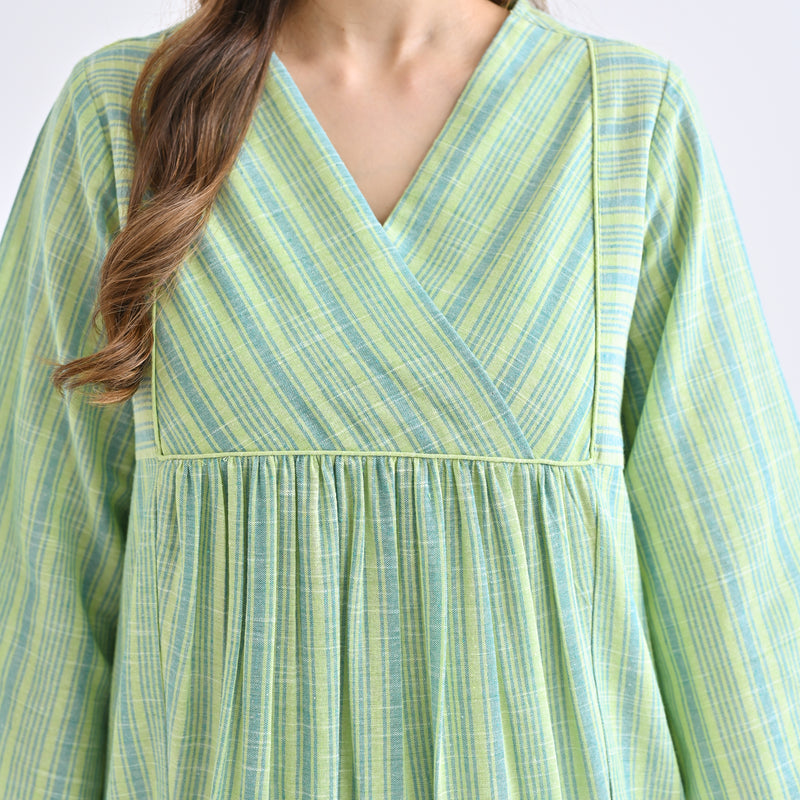 Lime Green Woven Stripe Cotton Kurta With Overlap Neckline & Piping Detail