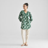 Moss Green Contemporary Dabu Printed Cotton Tunic with V Neckline