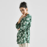 Moss Green Contemporary Dabu Printed Cotton Tunic with V Neckline