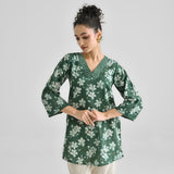 Moss Green Contemporary Dabu Printed Cotton Tunic with V Neckline