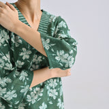 Moss Green Contemporary Dabu Printed Cotton Tunic with V Neckline