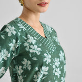 Moss Green Contemporary Dabu Printed Cotton Tunic with V Neckline