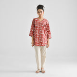 Brick Red Contemporary Dabu Printed Cotton Tunic with V Neckline