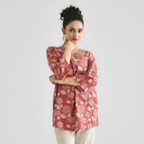 Brick Red Contemporary Dabu Printed Cotton Tunic with V Neckline