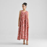 Brick Red Dabu Floral Sleeveless Dress with Neckline & Centre Front Detail