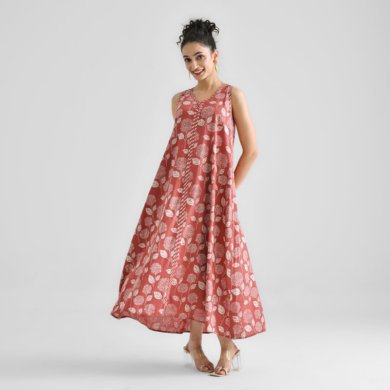 Brick Red Dabu Floral Sleeveless Dress with Neckline & Centre Front Detail