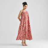 Brick Red Dabu Floral Sleeveless Dress with Neckline & Centre Front Detail