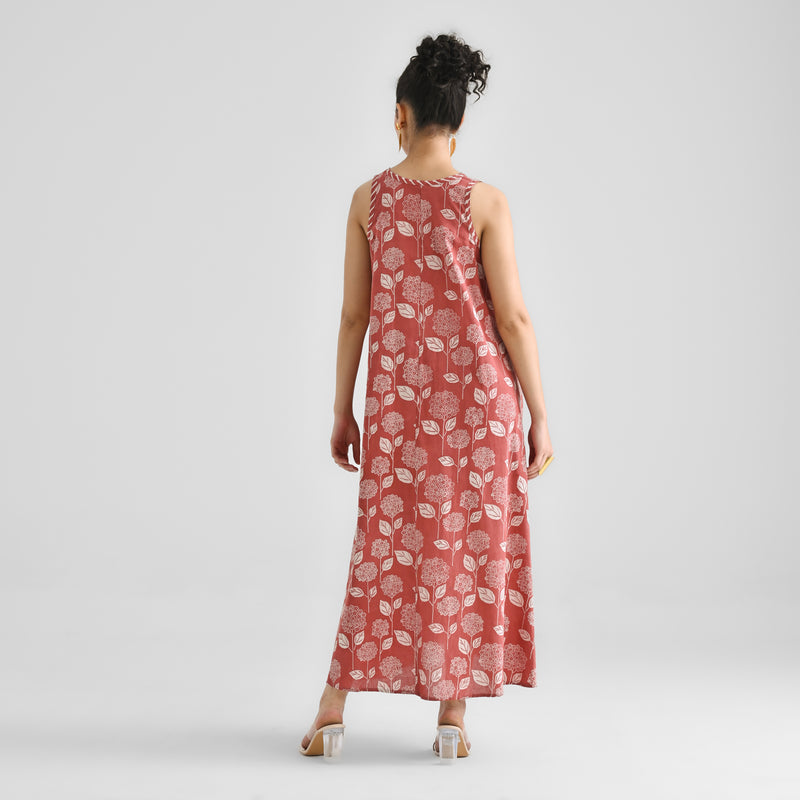 Brick Red Dabu Floral Sleeveless Dress with Neckline & Centre Front Detail