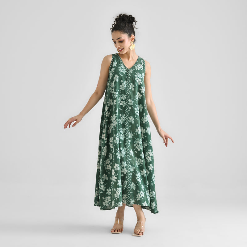 Moss Green Dabu Floral Sleeveless Dress with Neckline & Centre Front Detail