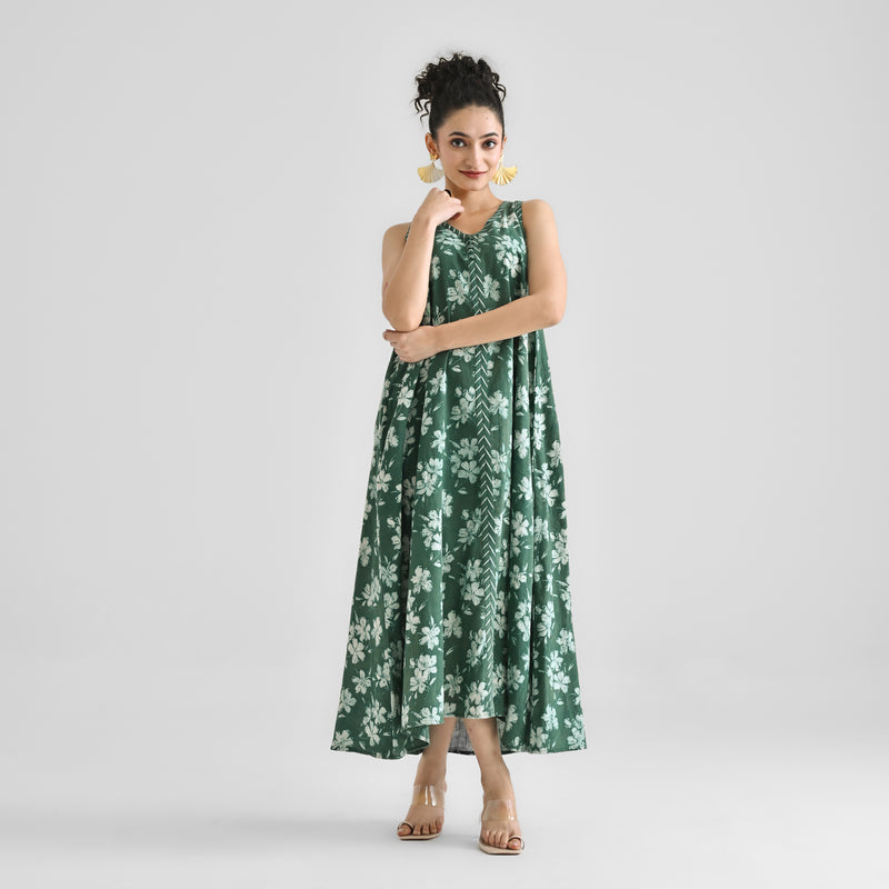 Moss Green Dabu Floral Sleeveless Dress with Neckline & Centre Front Detail