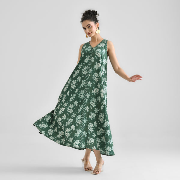 Moss Green Dabu Floral Sleeveless Dress with Neckline & Centre Front Detail
