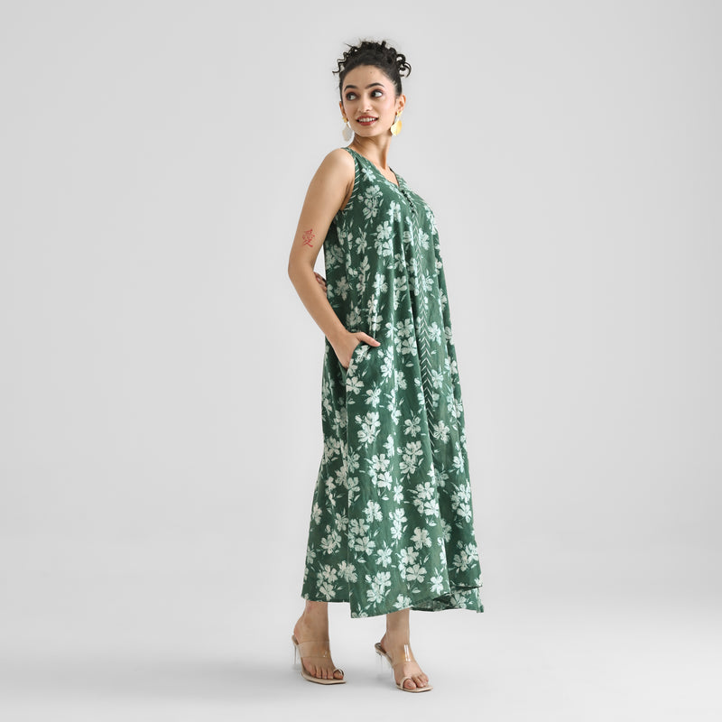 Moss Green Dabu Floral Sleeveless Dress with Neckline & Centre Front Detail