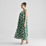 Moss Green Dabu Floral Sleeveless Dress with Neckline & Centre Front Detail