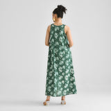 Moss Green Dabu Floral Sleeveless Dress with Neckline & Centre Front Detail