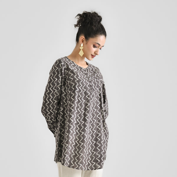 Mud Grey Contemporary Dabu Printed Cotton Tunic with Elastic Sleeve Detail