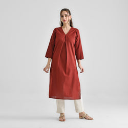 Brown Linen Cotton Kurta with Inverted Pleat Detail