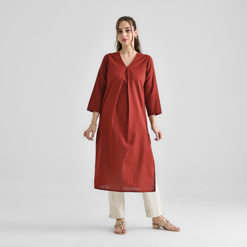 Brown Linen Cotton Kurta with Inverted Pleat Detail