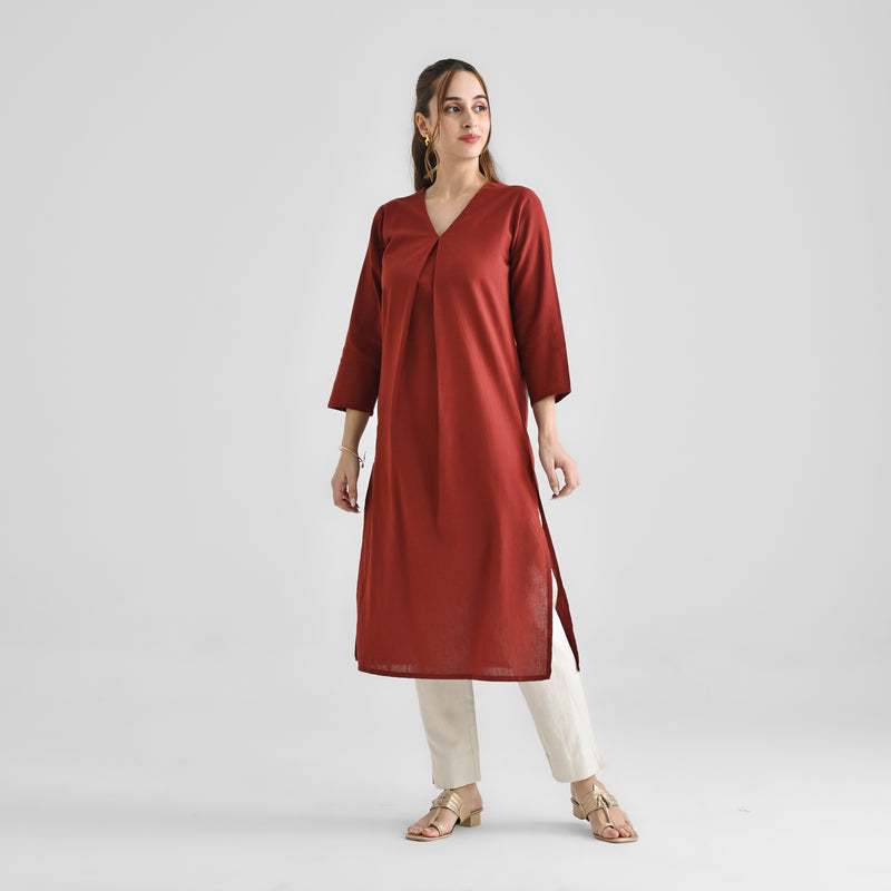 Brown Linen Cotton Kurta with Inverted Pleat Detail